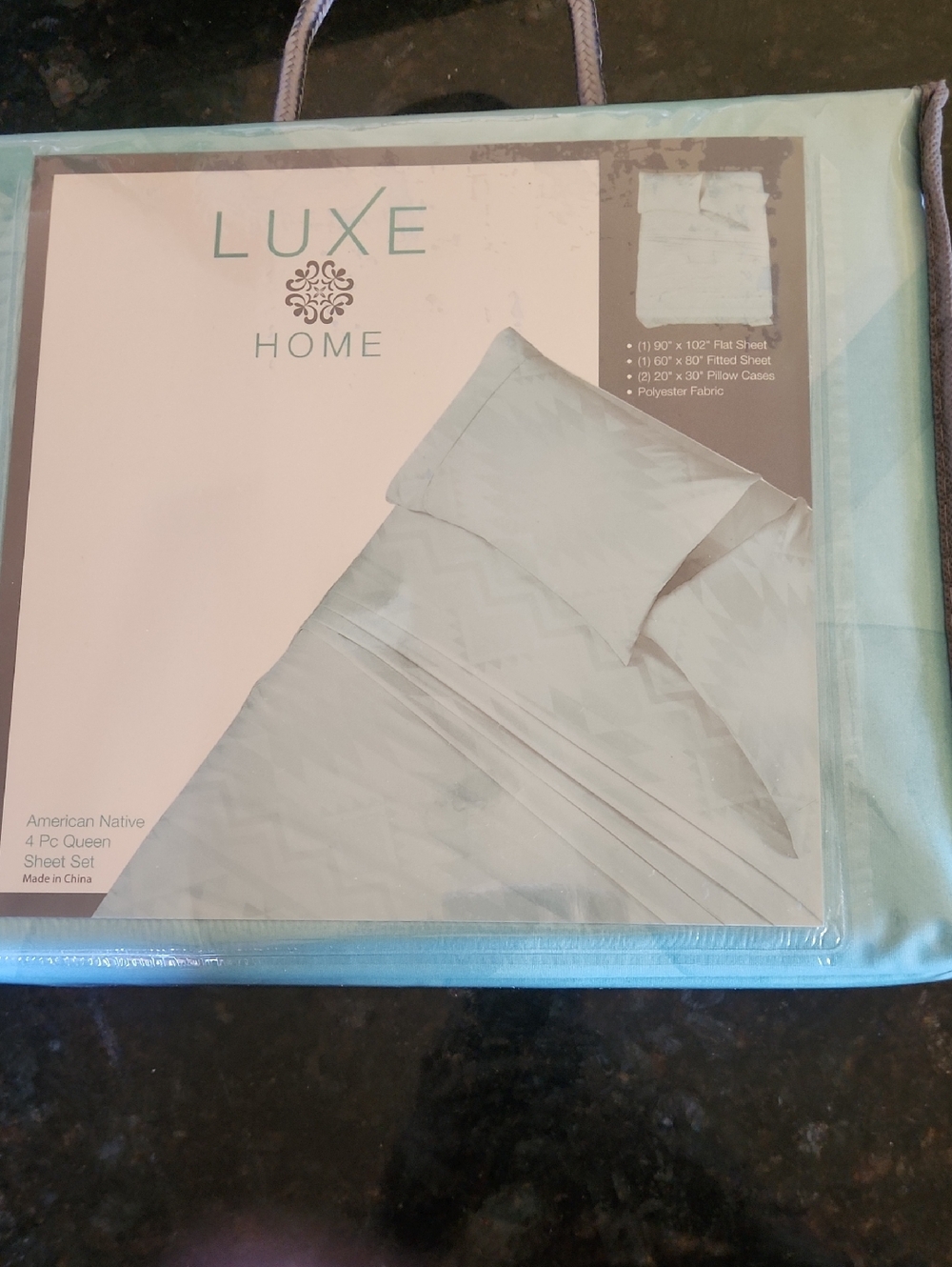 Luxe Home Light Green/ Teal Queen Sheet Set, New In Bag